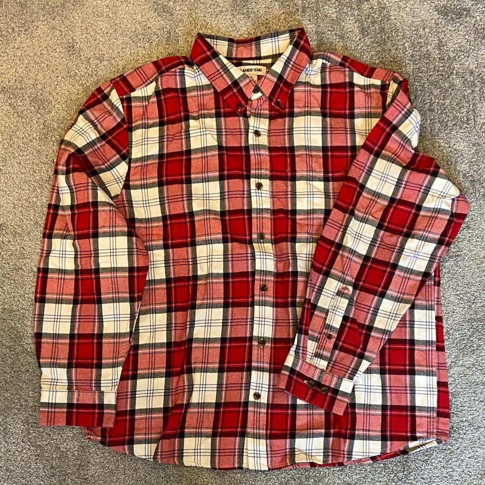 Lands' End Red and White Plaid Button-Down Shirt
